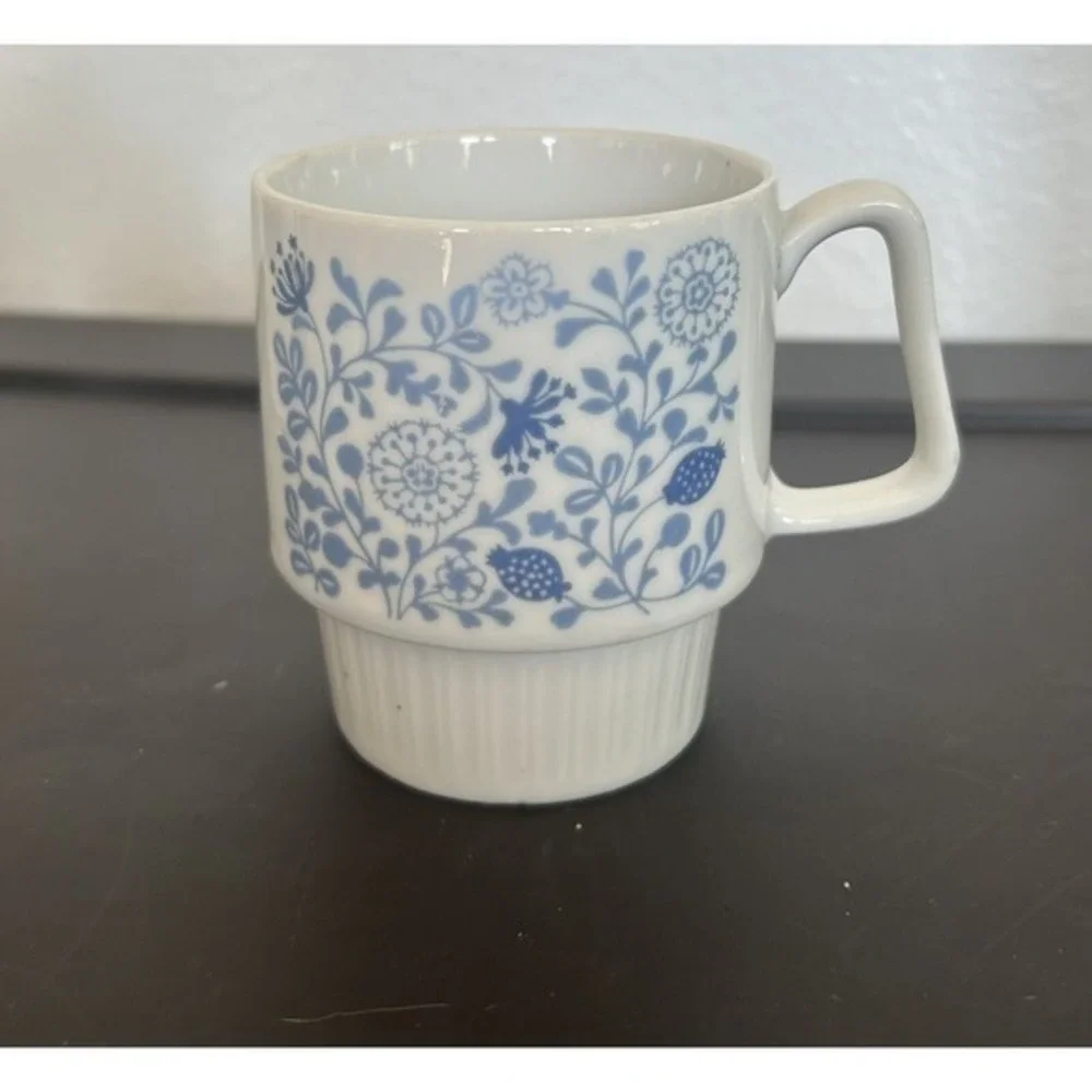 Vintage MCM Electric Kettle Creamer Pitcher Sugar Dish Mug Cup Blue Floral Japan